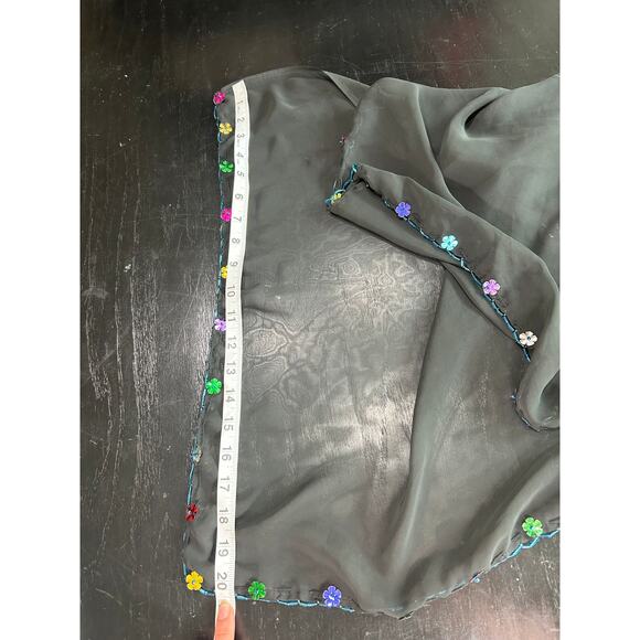 Whimsigoth- Black Sheer Shawl- with blue beaded trim with floral sequin- fairy - Picture 4 of 5